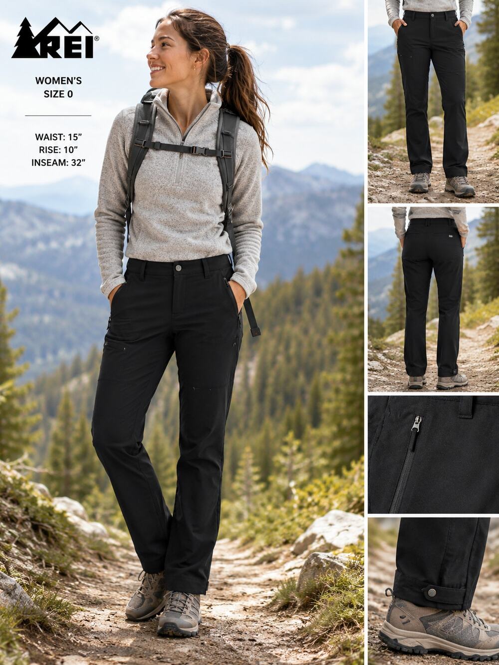 REI Black Hiking Pants Women's 0 Stretch Trail Outdoor Zip Pocket 32 Inseam